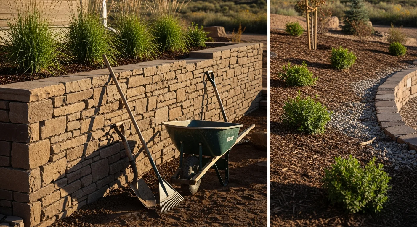 Professional landscaping installation with retaining walls and water features