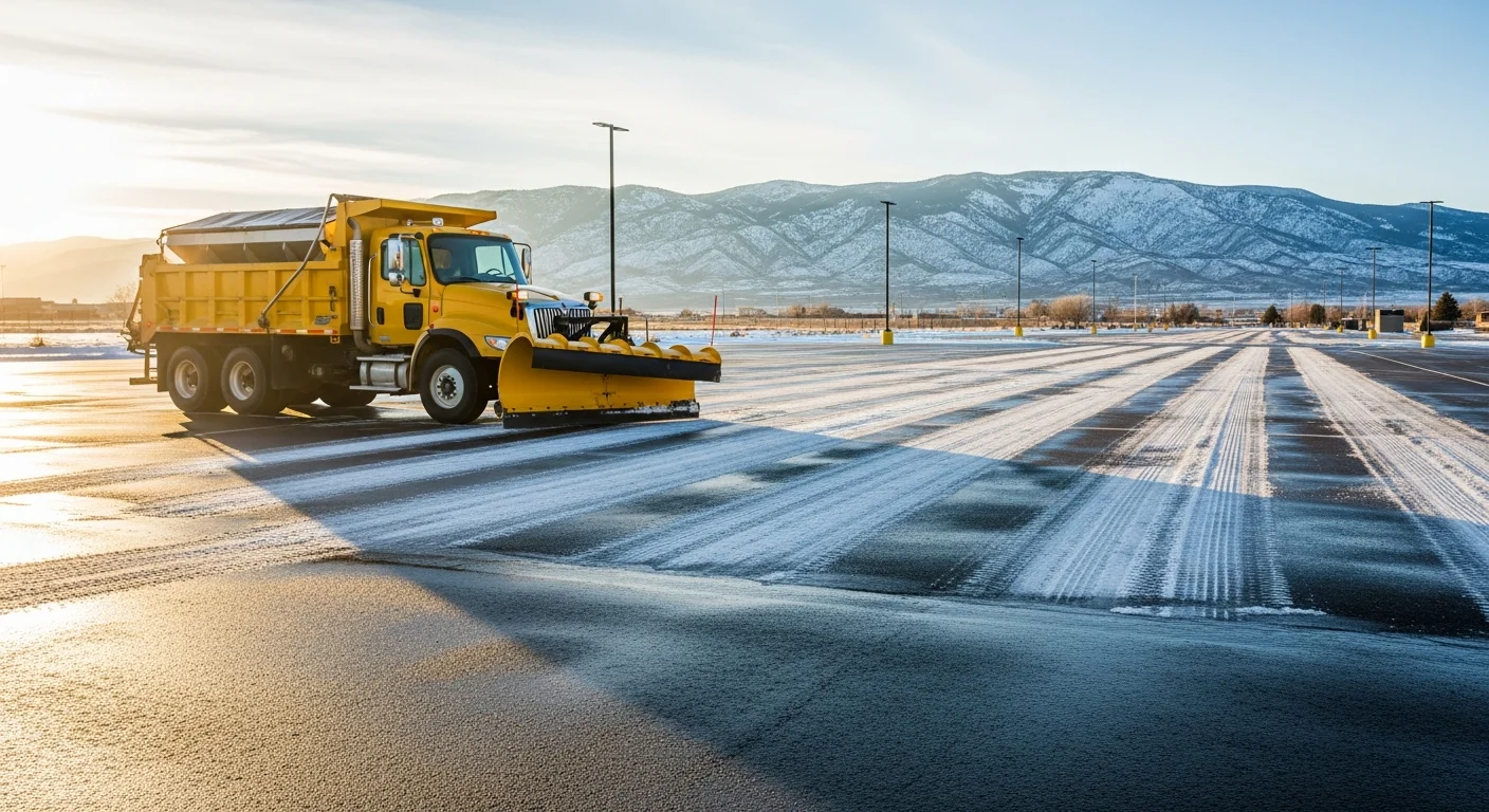 Commercial snow plowing equipment clearing a parking lot