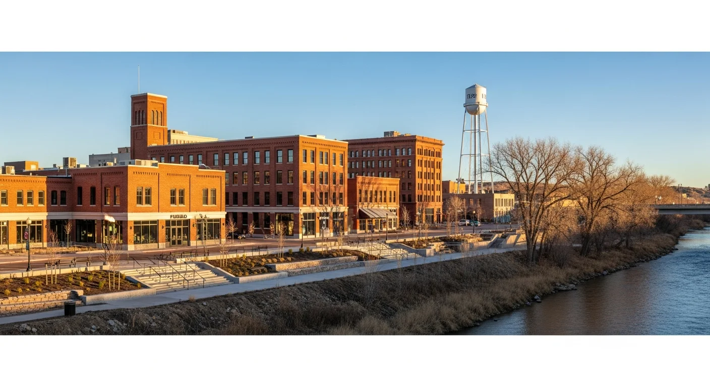 Wide view of Pueblo's downtown skyline with the Arkansas River and historic brick buildings in afternoon light.