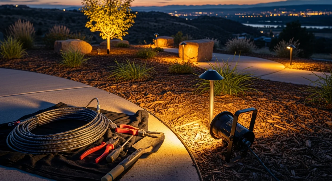 Accent lighting installed by Zac's Landscaping illuminates a Pueblo home's front yard at night, with low-voltage uplights highlighting ornamental trees and a stone walkway leading to the front entry. Warm light pools across a xeriscape garden bed against a dark Colorado sky.