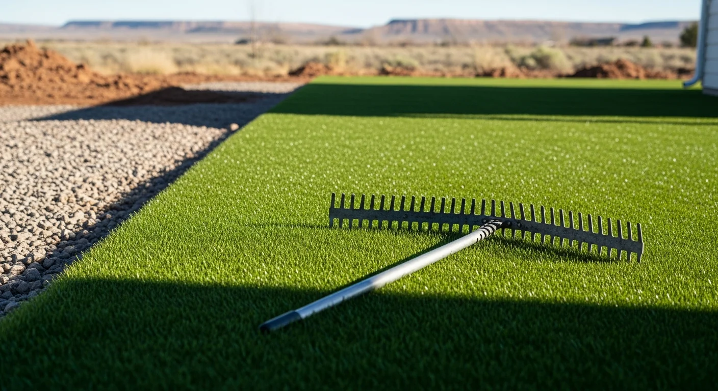 A freshly installed artificial turf lawn in a Pueblo, Colorado residential backyard, showing a smooth, evenly trimmed green surface bordered by a compacted stone edge. The yard is fully covered with no bare patches, set against a clear Colorado sky.