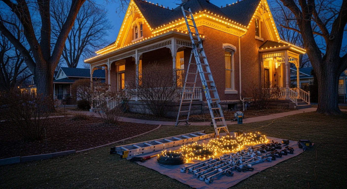 A Pueblo, Colorado home with professional Christmas lights installed along the full roofline and wrapped front yard trees at dusk. Warm white lights outline the eaves and gutter edges of a ranch-style home on a quiet residential street.
