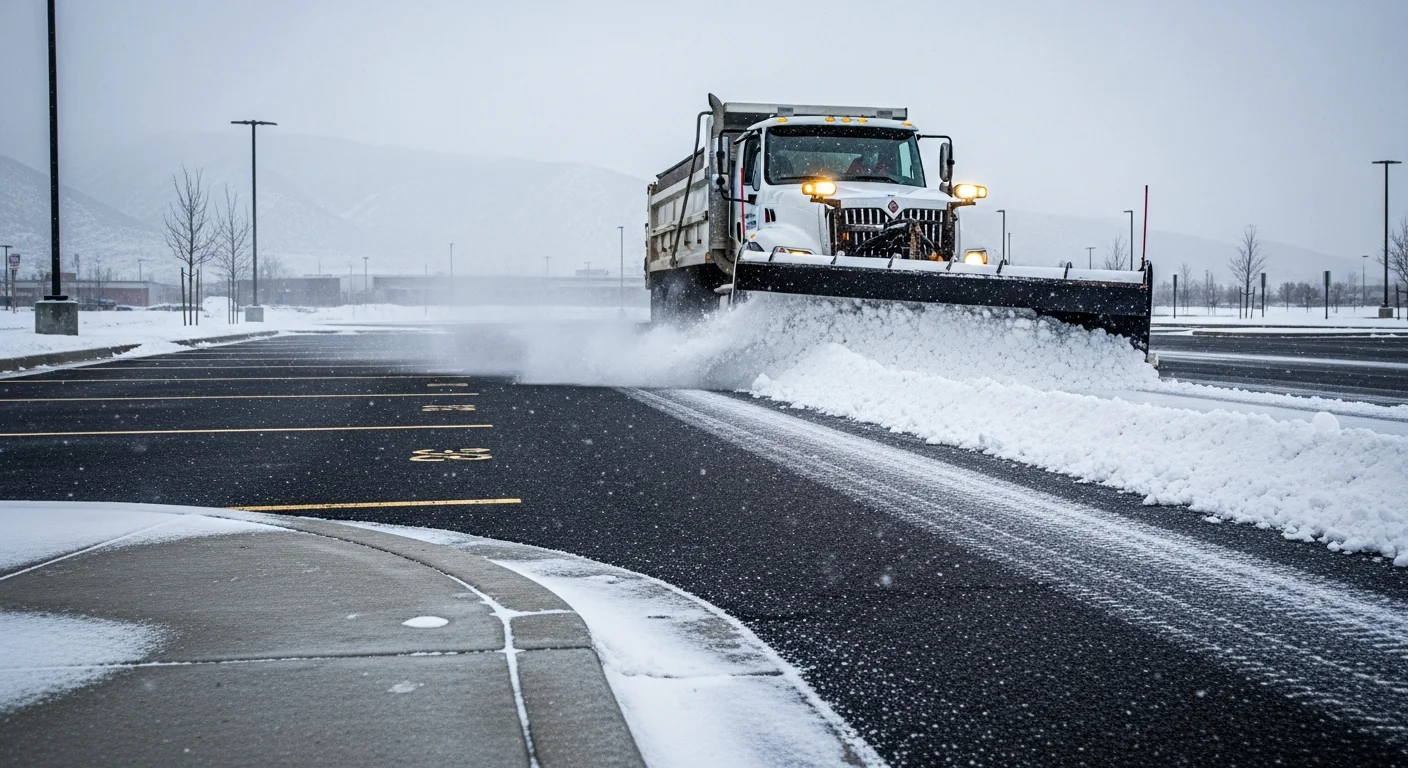 A commercial parking lot in Pueblo, Colorado cleared of snow by a truck-mounted plow, with clean access lanes and ice-treated walkways visible near a business entrance. Snow is stacked along the lot perimeter, keeping fire lanes and delivery areas open.