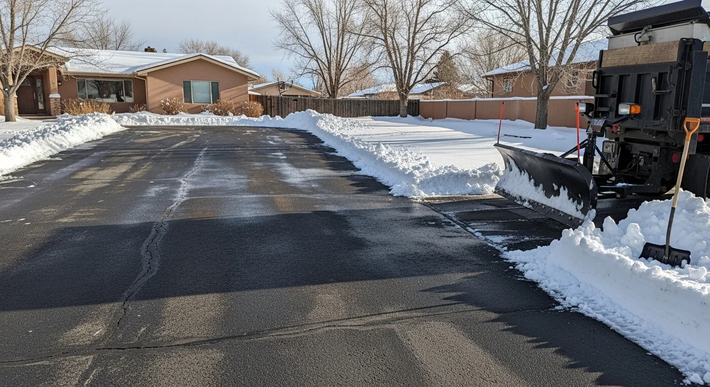 A freshly plowed residential driveway in Pueblo, CO with snow cleared to both sides and bare pavement visible from the street to the garage. A truck-mounted plow is visible at the edge of the frame near the curb.