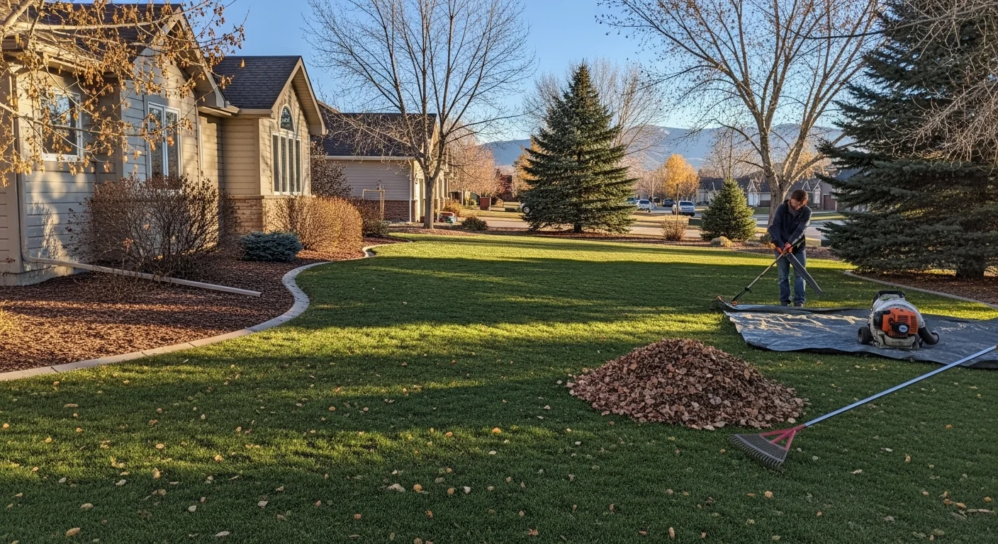 A Pueblo residential backyard with all fallen leaves and garden bed debris fully cleared, showing clean turf lines and trimmed shrubs ready for winter. A lawn care crew member from Zac's Landscaping loads bagged debris into a truck parked at the curb.