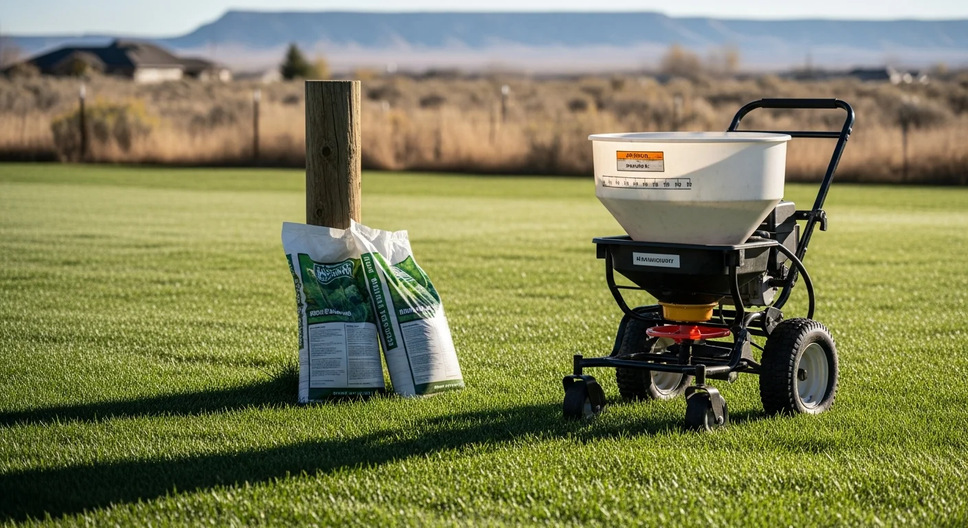 A thick, green residential lawn in Pueblo, Colorado after a professional fertilization treatment by Zac's Landscaping. A lawn care technician applies granular fertilizer evenly across the turf on a clear, sunny day.