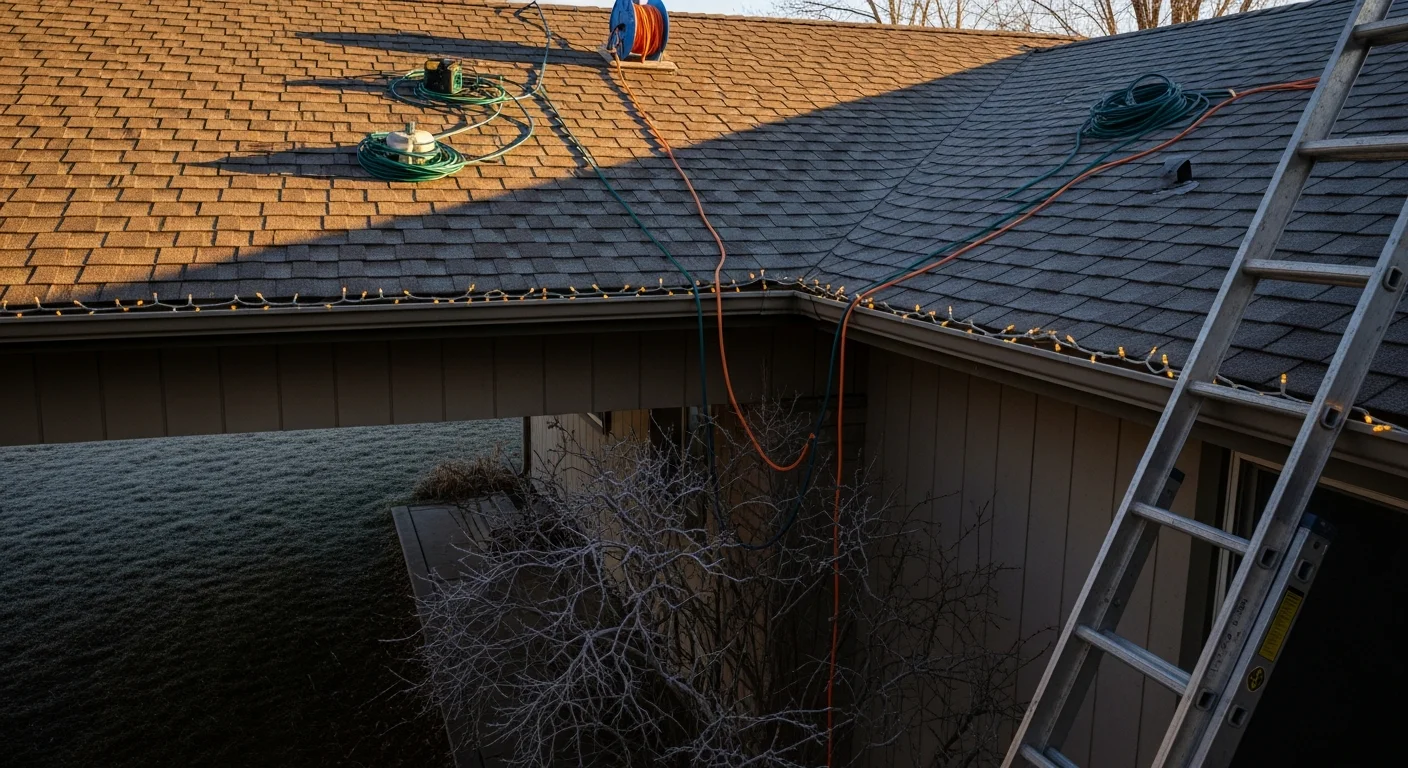 A Pueblo, Colorado home with professional holiday decorative lighting installed along the roofline, front trees, and walkway by Zac's Landscaping. The display is fully lit against a dark winter sky with snow visible on the ground.