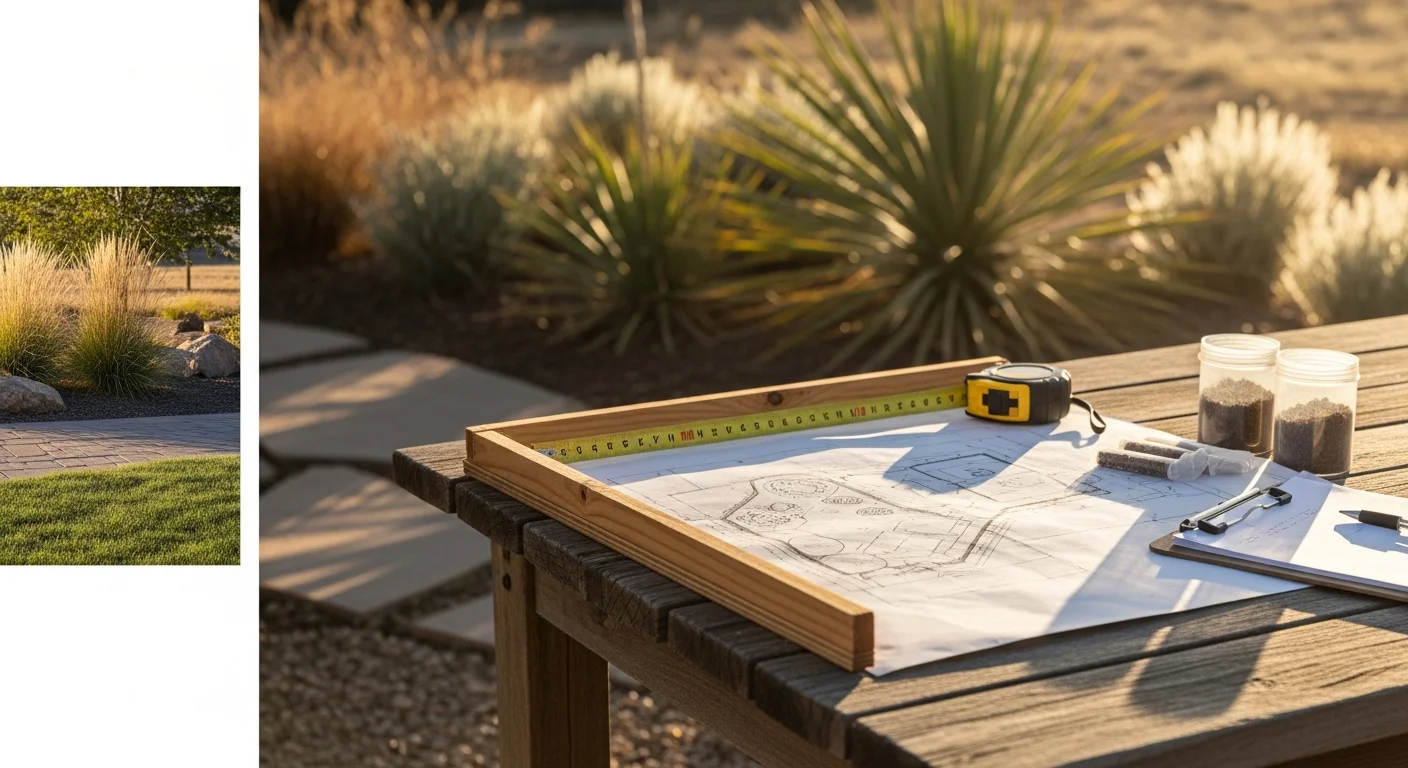 A Pueblo, Colorado residential front yard with a drought-tolerant landscape plan laid out, showing defined planting beds, gravel mulch zones, and native plants suited to the semi-arid climate. A Zac's Landscaping team member reviews the site during an on-property design consultation.
