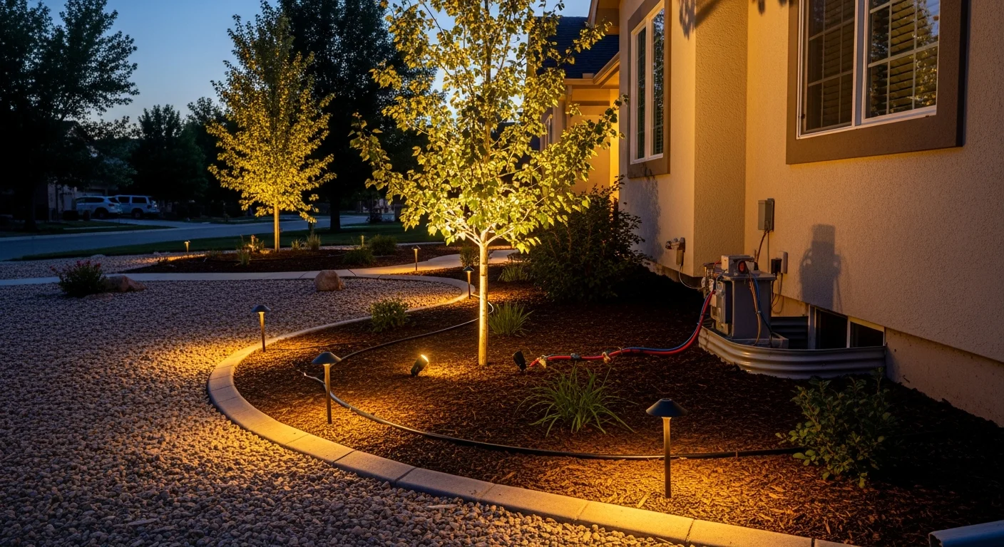 A Pueblo residential yard at night with low-voltage pathway lights lining a stone walkway and upward-facing accent fixtures illuminating a mature tree near the front of the home. Warm light pools across a dry-climate garden bed typical of Pueblo, Colorado properties.