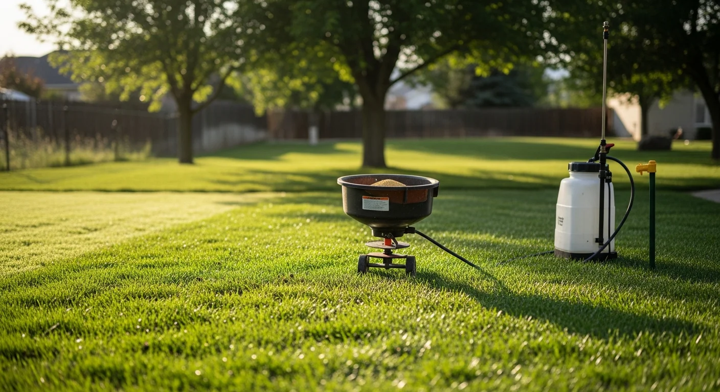 A Pueblo residential lawn showing dense, evenly green turf after a professional fertilization and weed control treatment. A lawn care technician applies treatment across the yard with a spreader on a clear Colorado day.