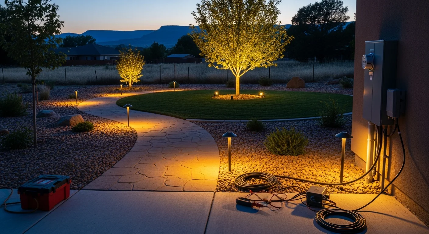 Professionally installed outdoor pathway and uplight fixtures illuminating a residential yard in Pueblo, Colorado at night. Warm LED lights line a front walkway and highlight mature trees and garden beds against a dark Colorado sky.