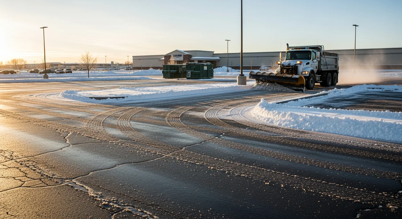 A commercial parking lot in Pueblo, Colorado with all stalls and drive lanes fully cleared of snow after a winter storm. Plowed snow is stacked along the lot perimeter, leaving entry points and pedestrian paths open.