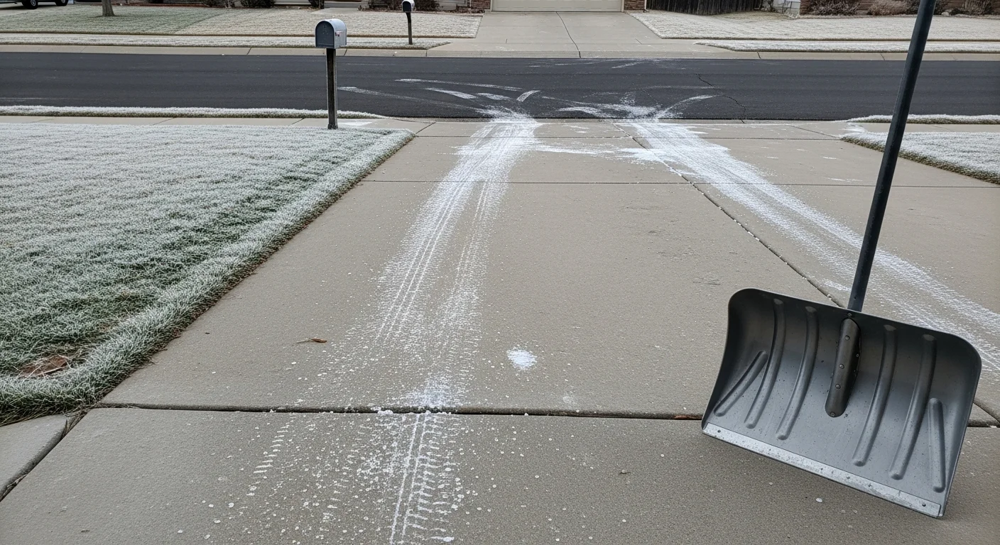 A freshly cleared residential driveway and front walkway at a Pueblo, Colorado home after a winter snowfall. Snow is stacked neatly to the side, with a clean path from the street to the front entry.