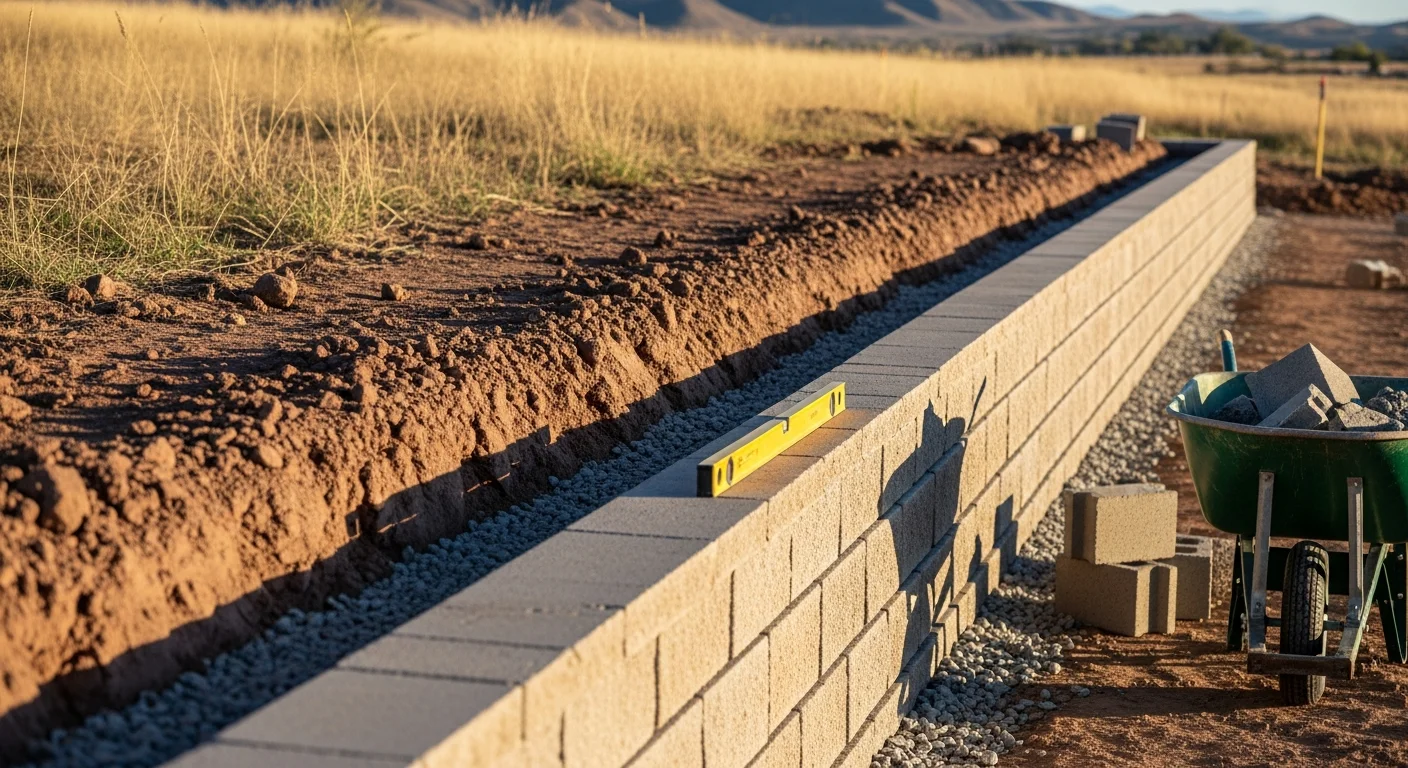 A completed retaining wall built by Zac's Landscaping on a sloped residential property in Pueblo, Colorado. The wall holds back a terraced yard with compacted soil and clean stone block construction visible against a dry southern Colorado landscape.