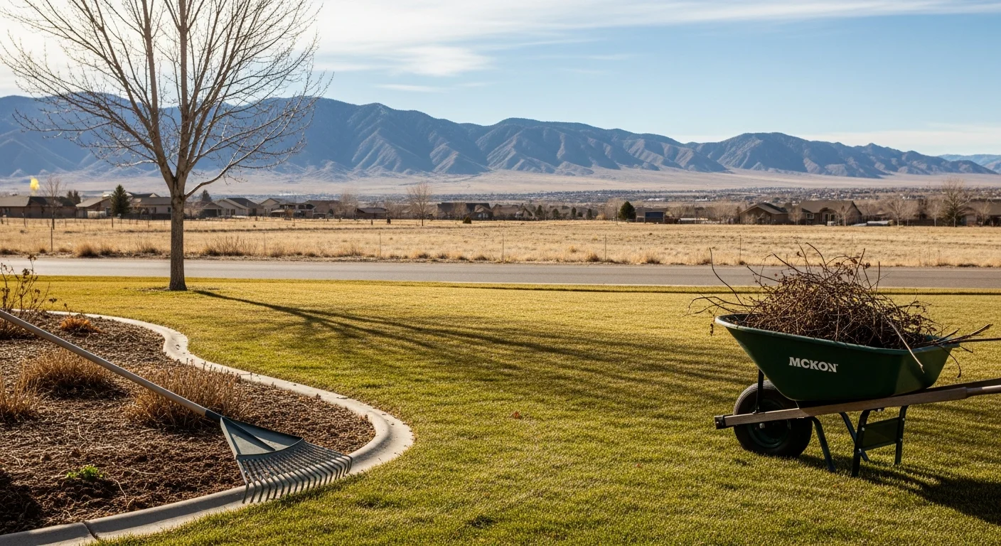 A Pueblo residential front yard after spring cleanup, with cleared lawn edges, trimmed shrubs, and no leaf or debris buildup visible. A lawn care crew from Zac's Landscaping loads yard waste into a truck parked at the curb.