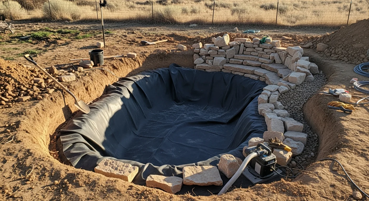 A custom backyard pond and waterfall installed by Zac's Landscaping in Pueblo, Colorado, with natural stone edging and clear circulating water. The feature sits within a dry-climate landscape under bright Colorado sun.