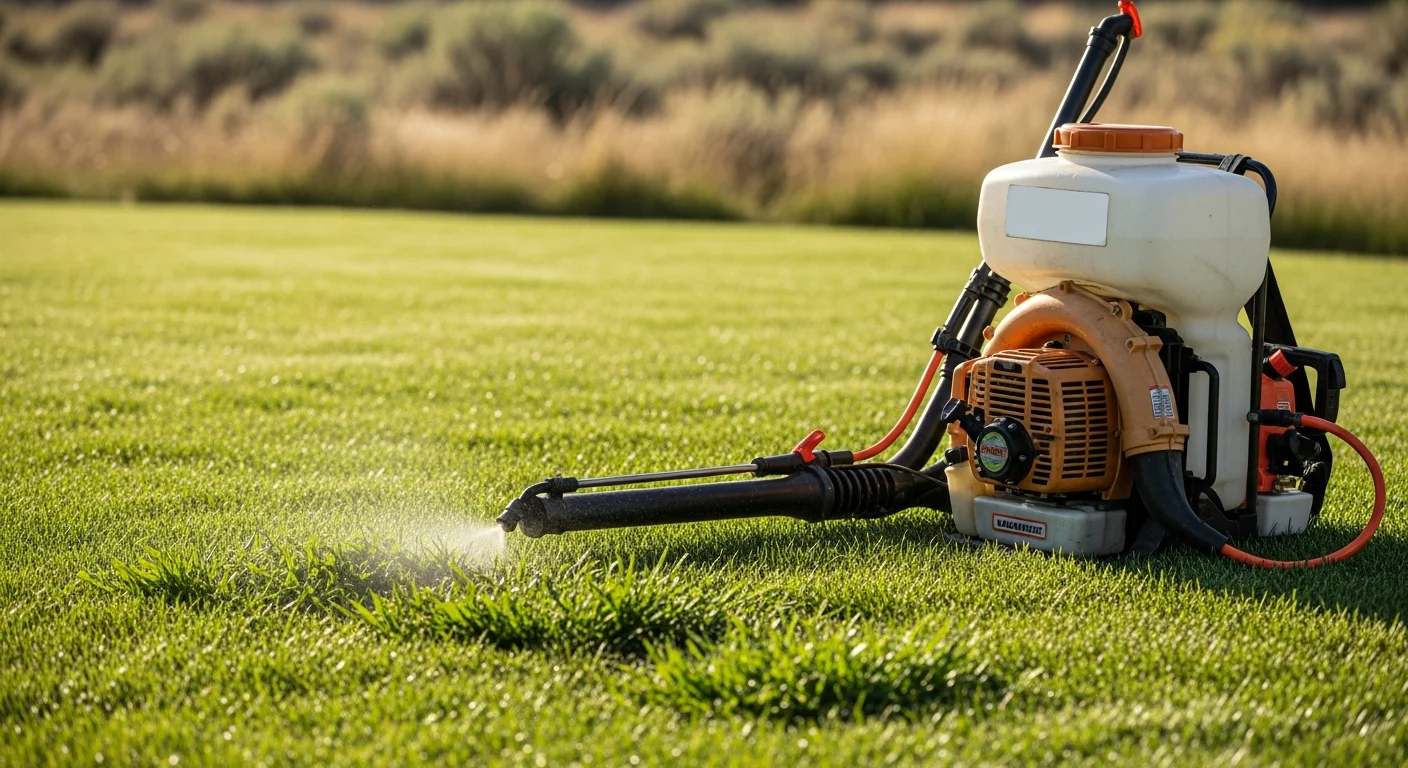 A Pueblo residential lawn being treated with a weed sprayer, showing green turf with visible dandelion and crabgrass patches targeted for removal. A lawn care technician applies a targeted spray along the lawn edge near a typical Pueblo single-family home.