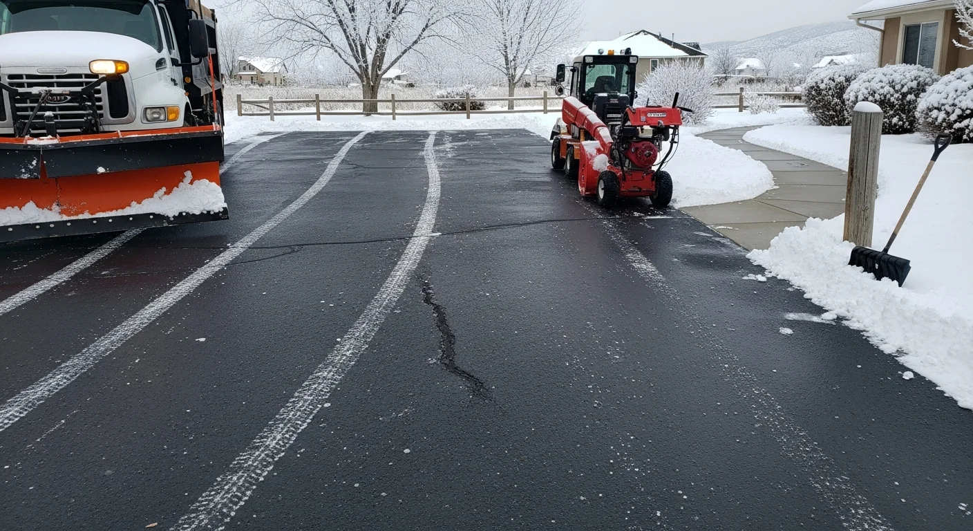 A cleared residential driveway and sidewalk in Pueblo, Colorado after snow removal service, with plowed snow pushed to the edges and treated walkway surfaces visible. A truck plow is positioned in the background on a snow-covered street.