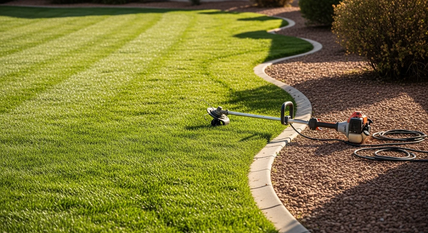 A neatly mowed and edged residential front yard in Pueblo, Colorado, with trimmed shrubs and clean lawn borders on a dry, sunny day. Zac's Landscaping yard maintenance service result on a Pueblo home property.